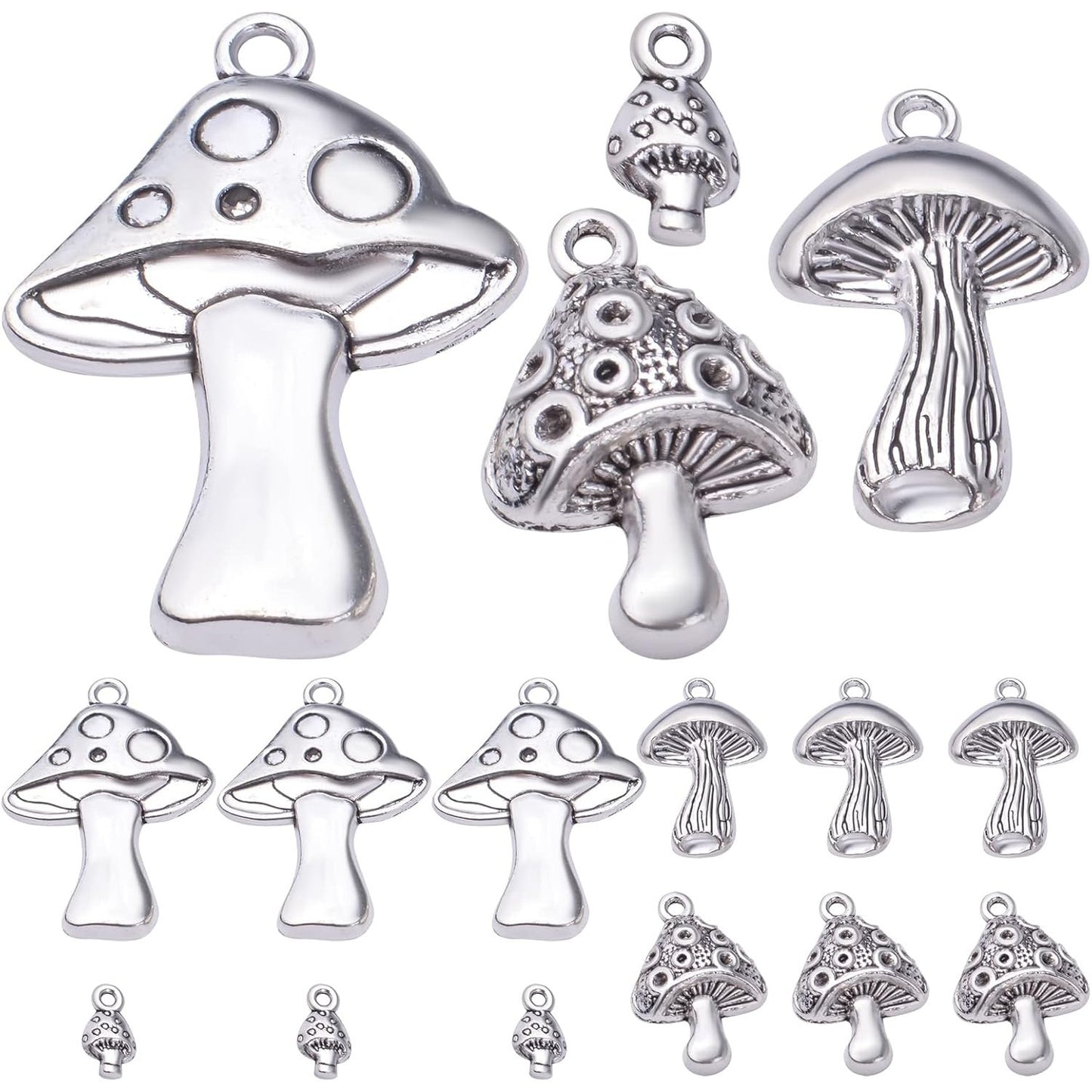 40pcs Antique Silver Mushroom Charms Pendants Tibetan Alloy Vintage Mushroom Bead Charms Jewelry Making Accessories for DIY Necklace Bracelet Earrings, 4 Styles