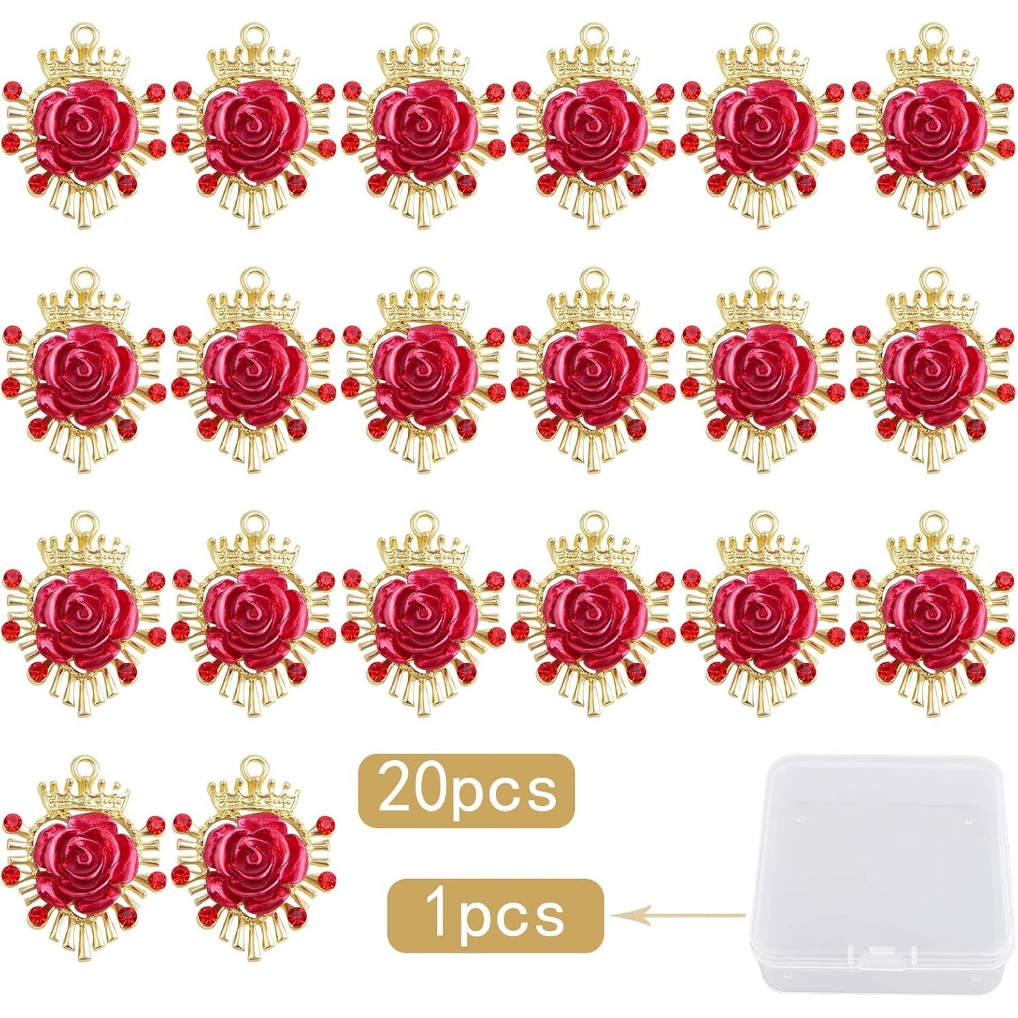 20pcs Resin Red Rose Charms with Rhinestone Golden Plated Alloy Lovely 3D Roseflower Dangle Pendants with a Storage Box for DIY Necklace Bracelet Jewelry Making Supplies Decor