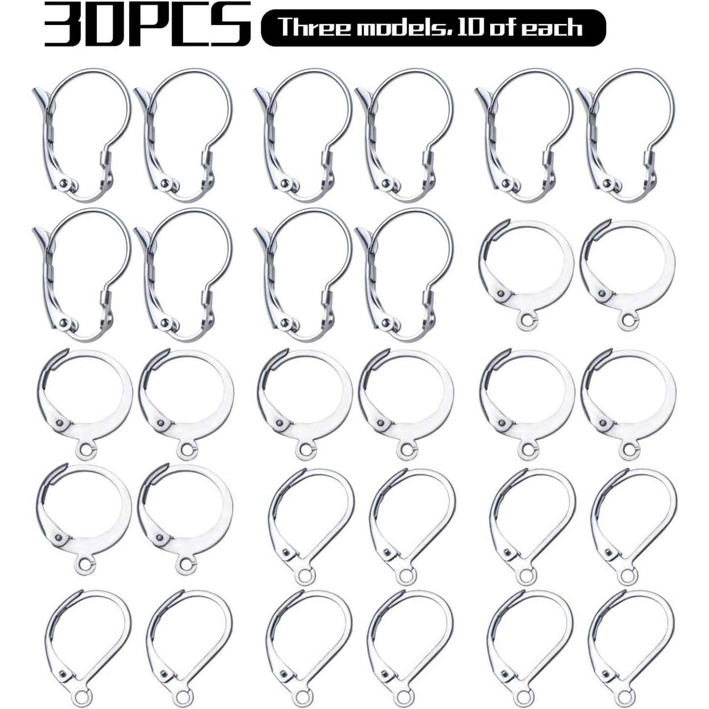 30pcs Stainless Steel Leverback Earrings Hooks: Round, Oval, Gourd - Silver