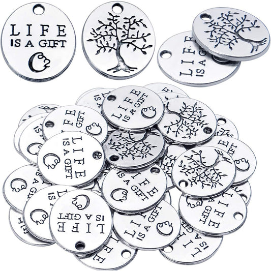 Inspirational Words Charms, 30pcs Lettering Saying Pendants (LIFE IS A GIFT) Tree of Life Charms Beads Jewelry Findings for DIY Necklace Bracelet - Double-Sided Design