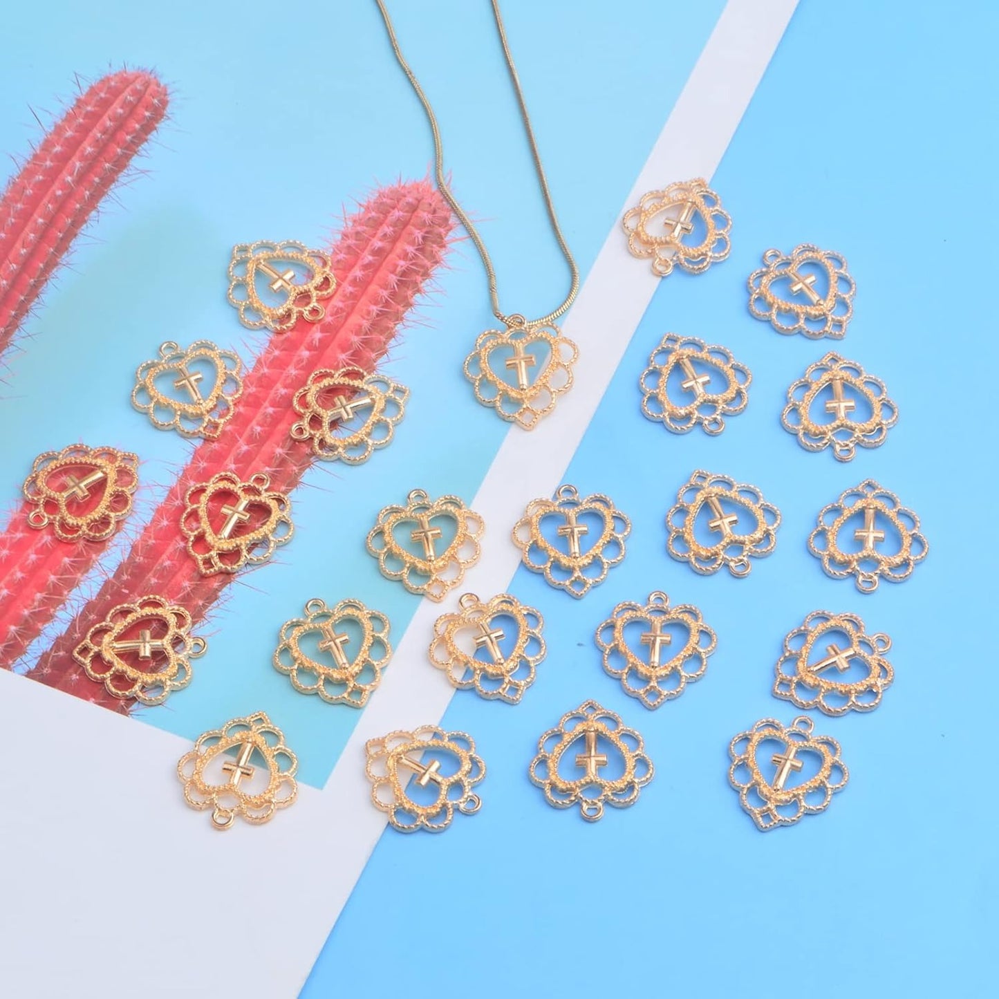 50pcs Golden Hollow Heart Cross Charms Alloy Love Heart with Cross Pendant Charms Jewelry Making Accessories for DIY Necklace Crafts Valentine's Day Mother's Day Gifts