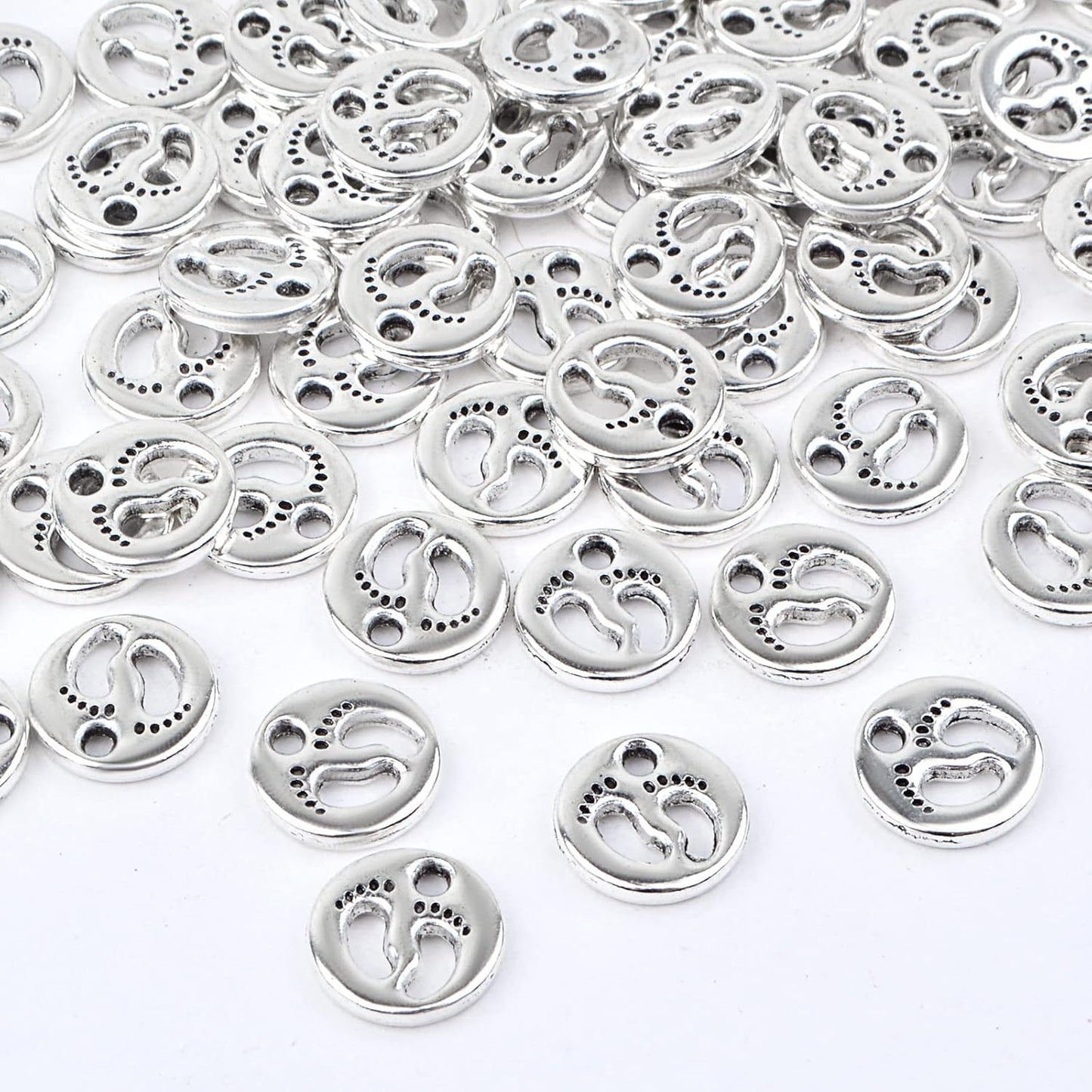 100 Pieces Antique Silver Small Foot Footprint Beads Charms Tibetan Alloy Feet Shape Print Dangle Pendants for DIY Bracelet Necklace Jewelry Making Findings