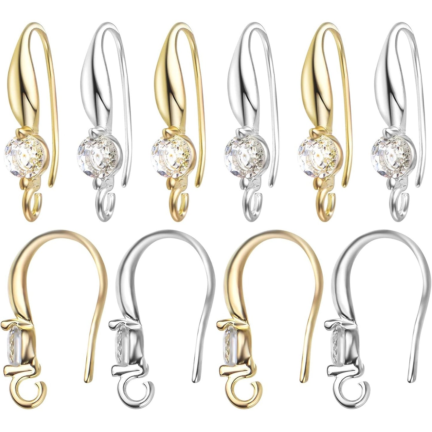 12pcs Silver Plated Rhinestone Earring Hooks Brass Ear Wire Fish Hooks with Open Loop Round Rhinestone Earring Components for Women DIY Earrings Jewelry Making