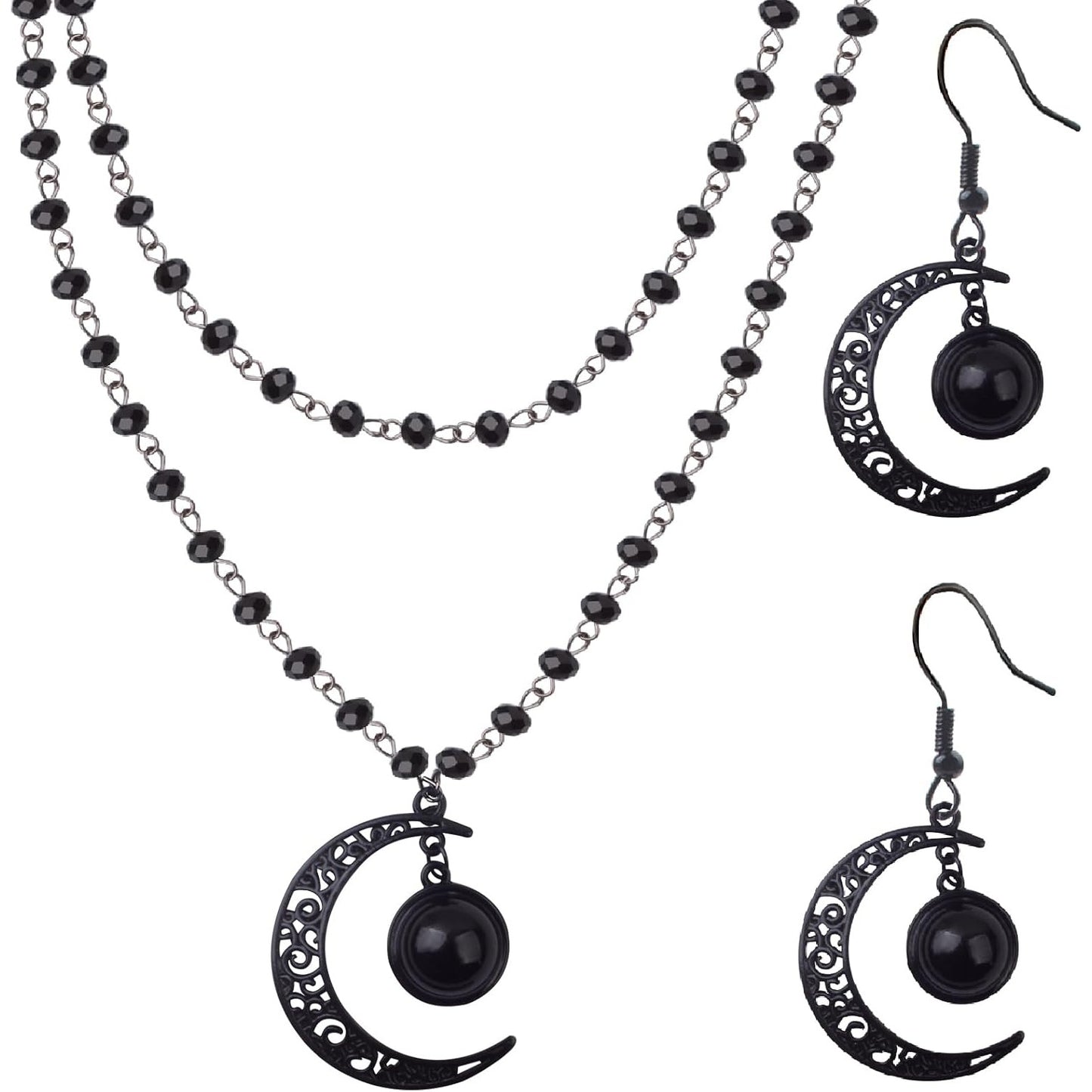 Gothic Y2K Layered Crescent Moon Necklace Black Beaded Pendant Choker Chain Moon Drop Dangle Earrings Goth Jewelry Sets for Women Ladies Halloween Party Costume Accessories