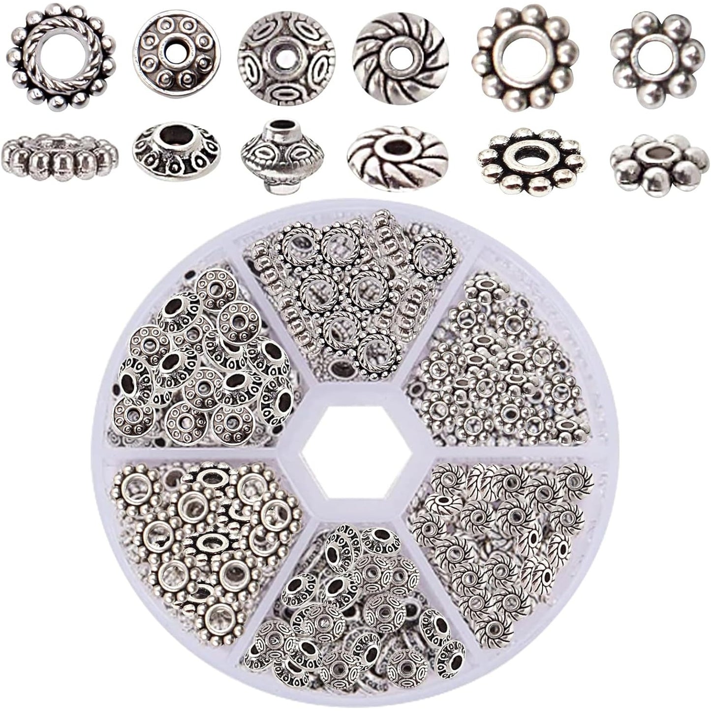 1 Box 300pcs 6 Styles Antique Silver Spacer Beads Tibetan Alloy Flower Charm Loose Bead Small Flat Round Rondelle Spacers Bulk for DIY Crafts Bracelets Earrings Jewelry Making