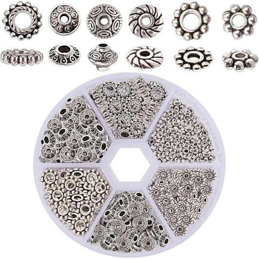 1 Box 300pcs 6 Styles Antique Silver Spacer Beads Tibetan Alloy Flower Charm Loose Bead Small Flat Round Rondelle Spacers Bulk for DIY Crafts Bracelets Earrings Jewelry Making
