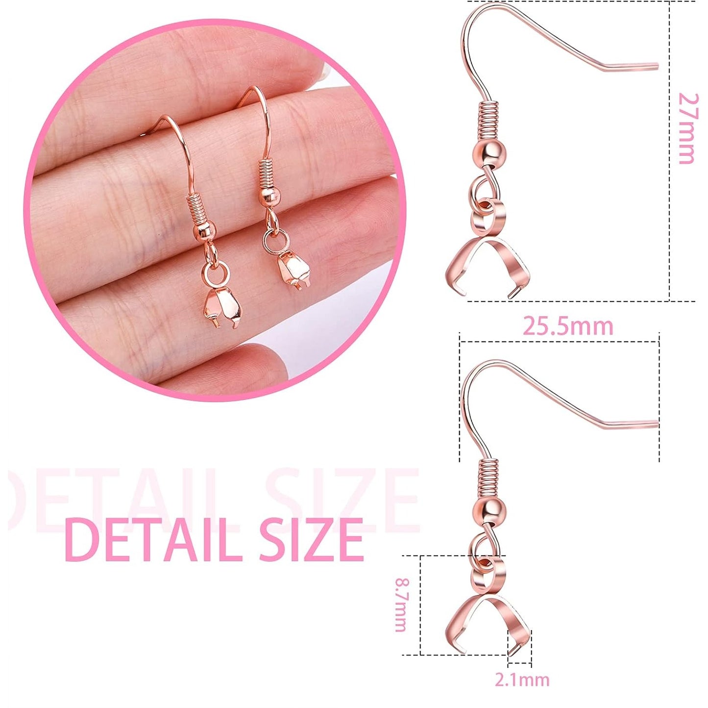 50pcs Stainless Steel Earring Hooks with Pendant Clasp Hypoallergenic Ear Wire Buckle Fish Hooks Dangle Earrings for Women DIY Jewelry Making Findings, Rose Gold