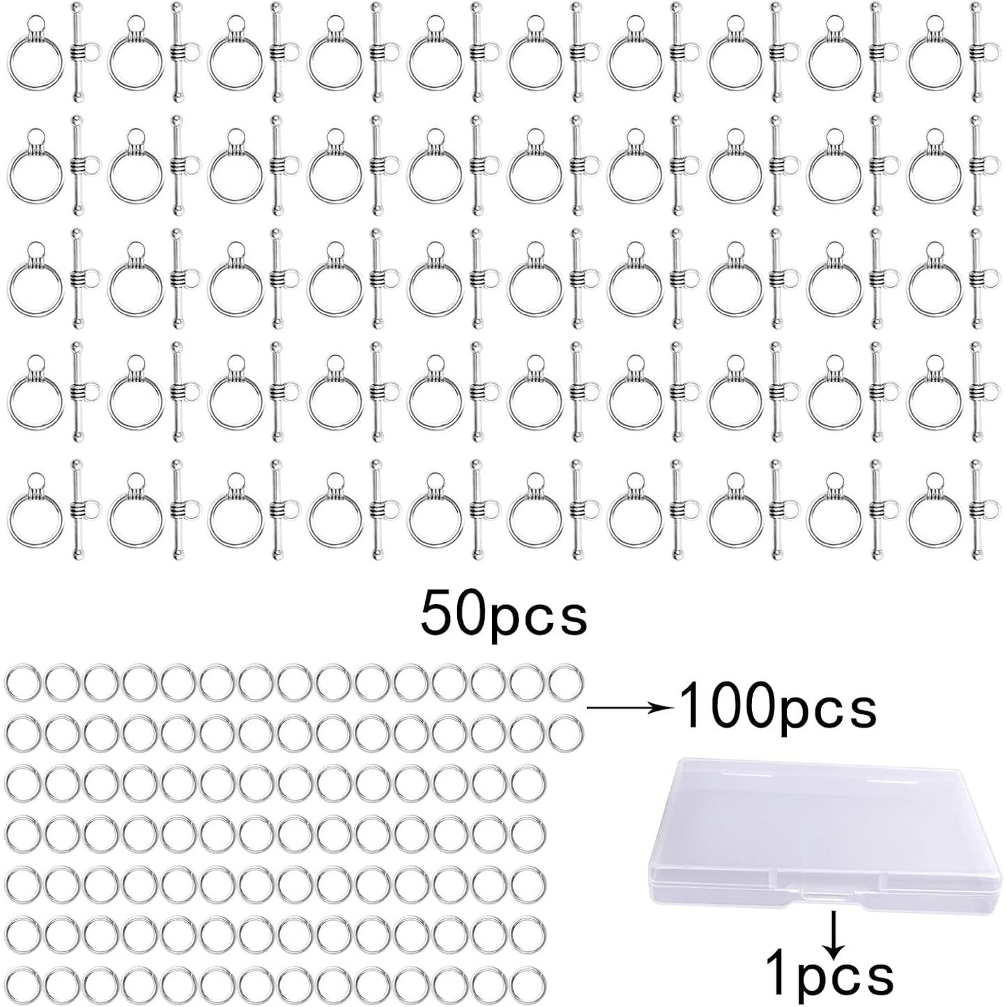 50 Sets Toggle Jewelry Clasp Sets Metal Toggle Clasps Connectors Bar and Round Ring Clasps with 100pcs Open Jump Rings and a Box for DIY Jewelry Making