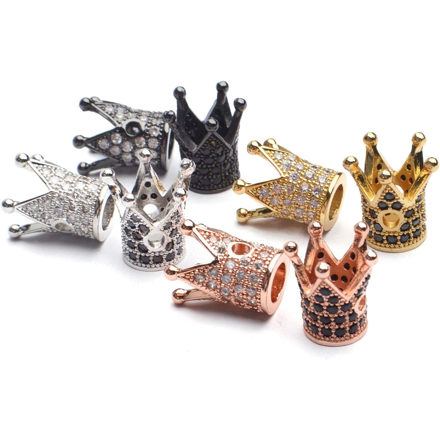 Mixed Color Brass Crown Spacer Beads, 8pcs Micro Pave Cubic Zirconia CZ King Crown Charm Loose Beads for DIY Jewelry Making and Crafting, 12x8mm