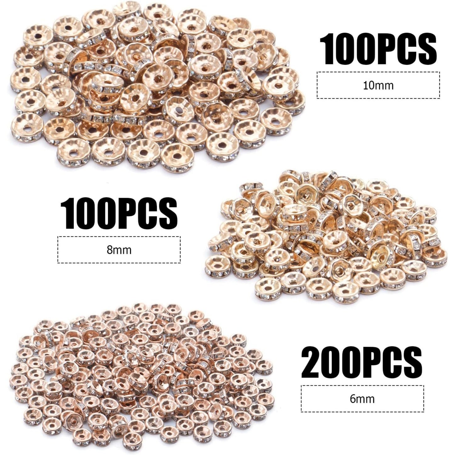 400pcs 3 Sizes Crystal Spacer Beads Round Rondelle Rhinestone Beads for Bracelets Necklaces Jewelry Making,6mm/8mm/10mm(Copper)