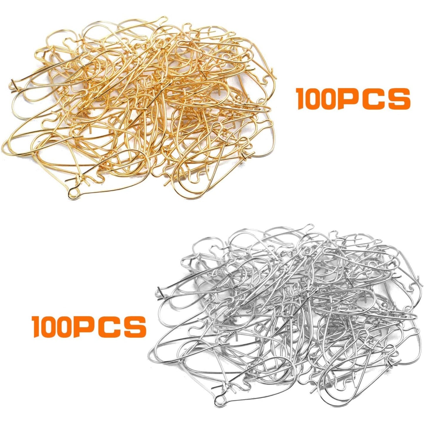 DIY Earring Findings, 200pcs Kidney Ear Wires U-Shaped Earring Hooks Earring Components for Long Dangle Earrings Jewelry Makings - Silver and Gold