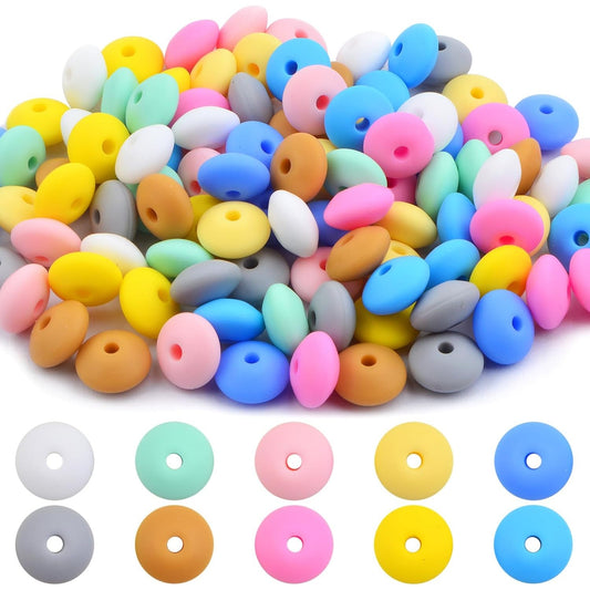 100pcs 12 mm Soft Silicone Abacus Beads Rubber Lentil Shaped Spacer Beads Round Saucer Loose Beads for DIY Bracelets Keychains Jewelry Making Supplies, 10 Colors
