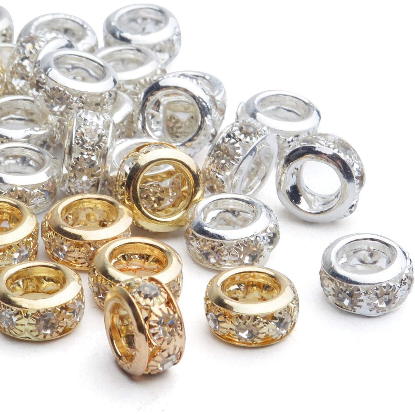 Large Hole Rhinestone Beads,40pcs 10mm Spacer Beads Crystal Pave Brass Beads Rondelle Beads Fit European Bracelet Snake Chain Jewelry DIY