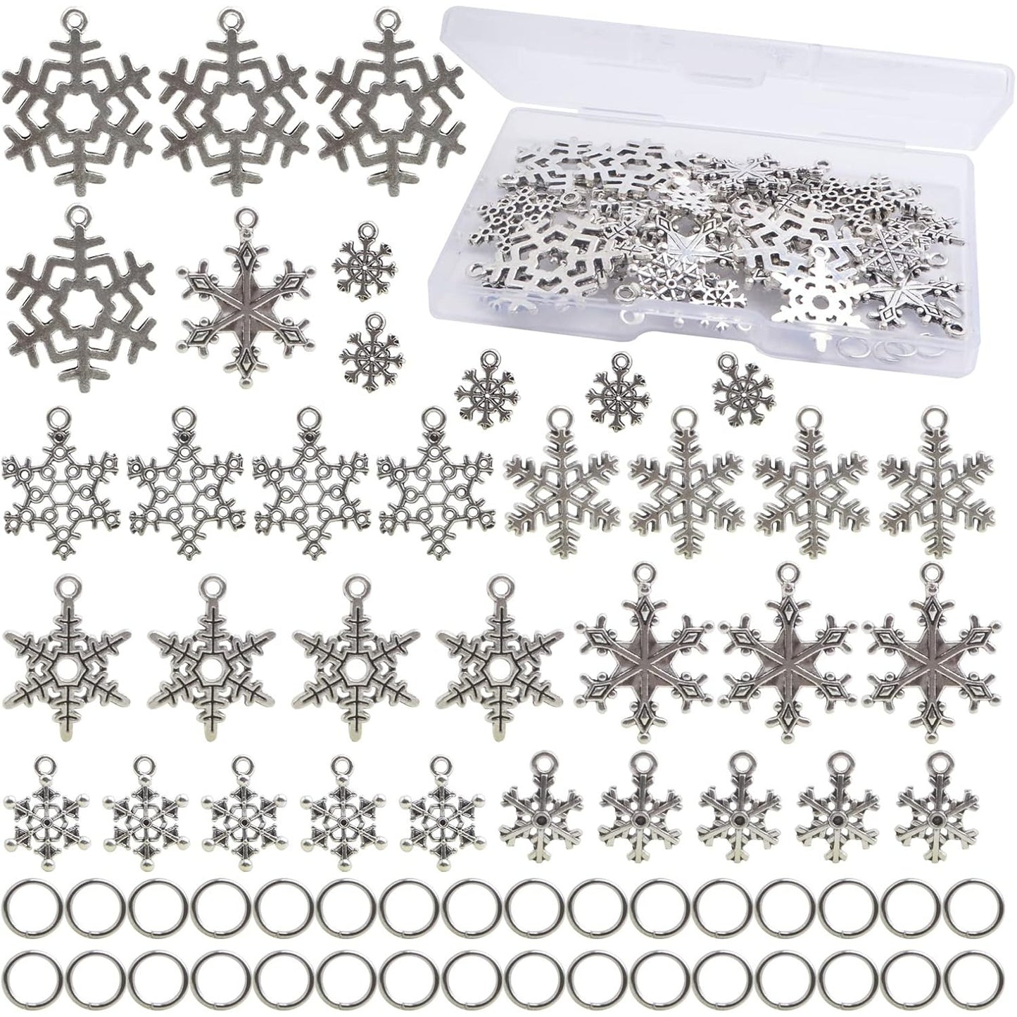 40pcs Antique Silver Mixed Snowflake Charms Alloy Christmas Snowflake Pendants and 40pcs White K Open Jump Rings with a Plastic Box for DIY Bracelet Jewelry Making Supplies