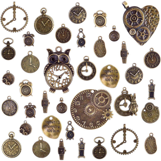 100 Grams(Approx 38 Pieces) Mixed Clock Face Charms Steampunk Pendants Watch Charms for Bracelets, Necklaces, Jewelry and Crafts Making, Antique Bronze