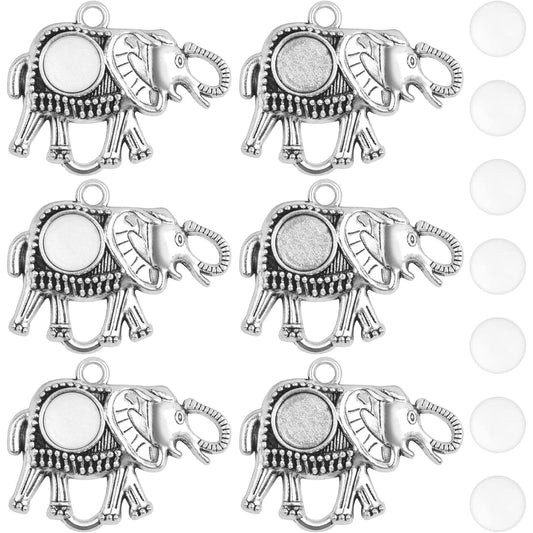 10pcs Antique Silver Elephant Pendant Trays Alloy Elephant Charms Blank Bezel with 10pcs Clear Glass Cabochons Dome Tiles Memorial Photo Charms for Cameo Pendants Jewelry Making Decor