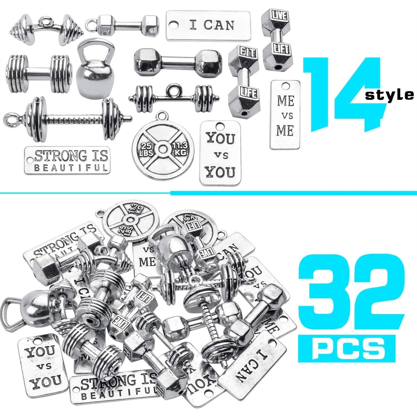 32pcs Sport Charms Barbell Dumbbell Kettle Bell Weightlifting Charms Pendants for Necklace Bracelets Jewellery Making Crafting,14 Styles
