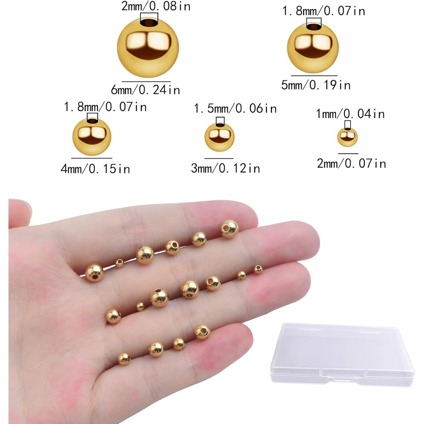 250pcs Golden Plated Smooth Round Ball Spacer Beads Brass Rondelle Loose Beads with A Plastic Box for DIY Bracelet Necklace Earrings Jewelry Making, 5 Sizes
