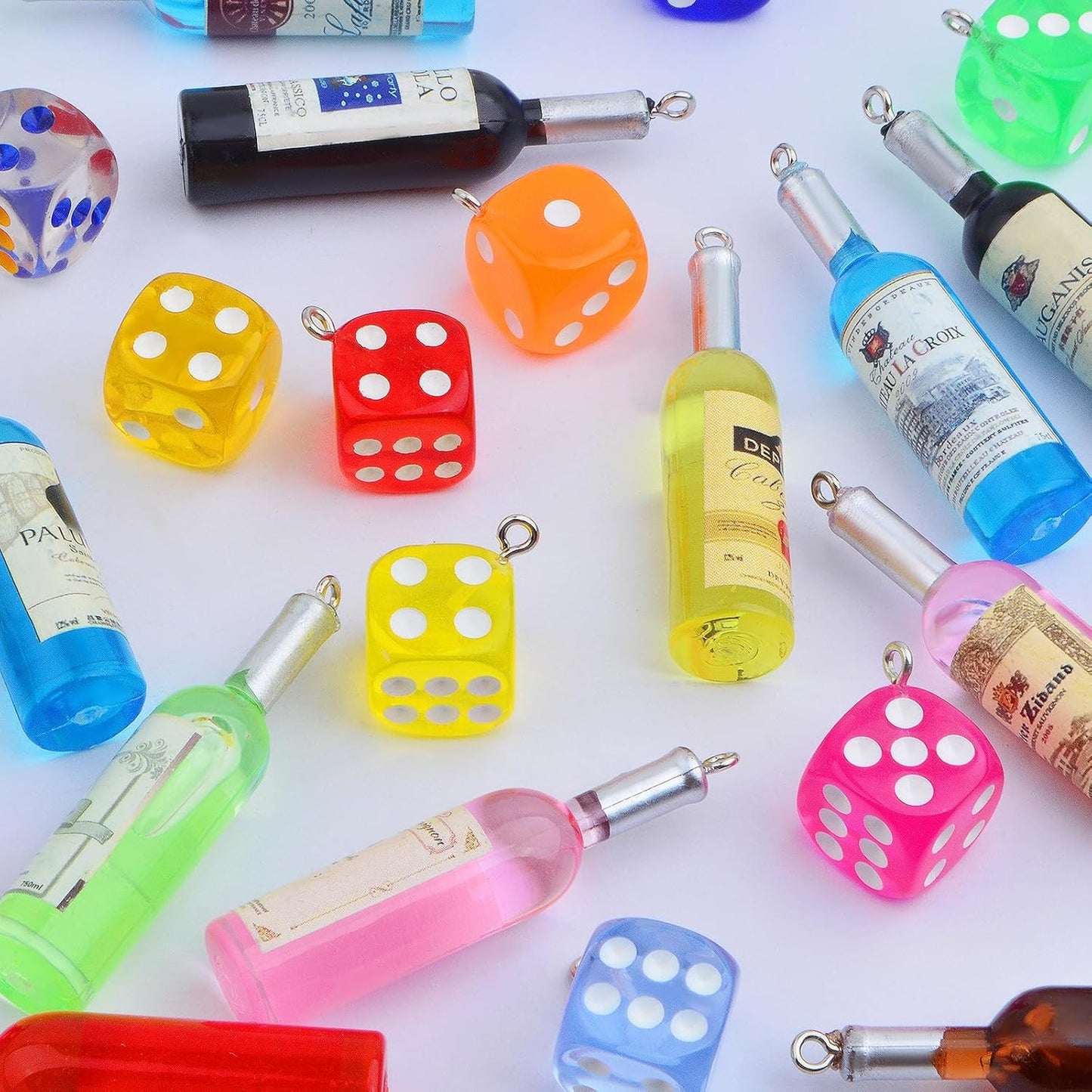 21pcs Resin Mini Wine Bottle Charms Plastic Random Colors Wine Bottles Label Pendants and 12pcs Clear Colorful Dice Dangle Charms for DIY Necklace Earrings Keychains Jewelry Making