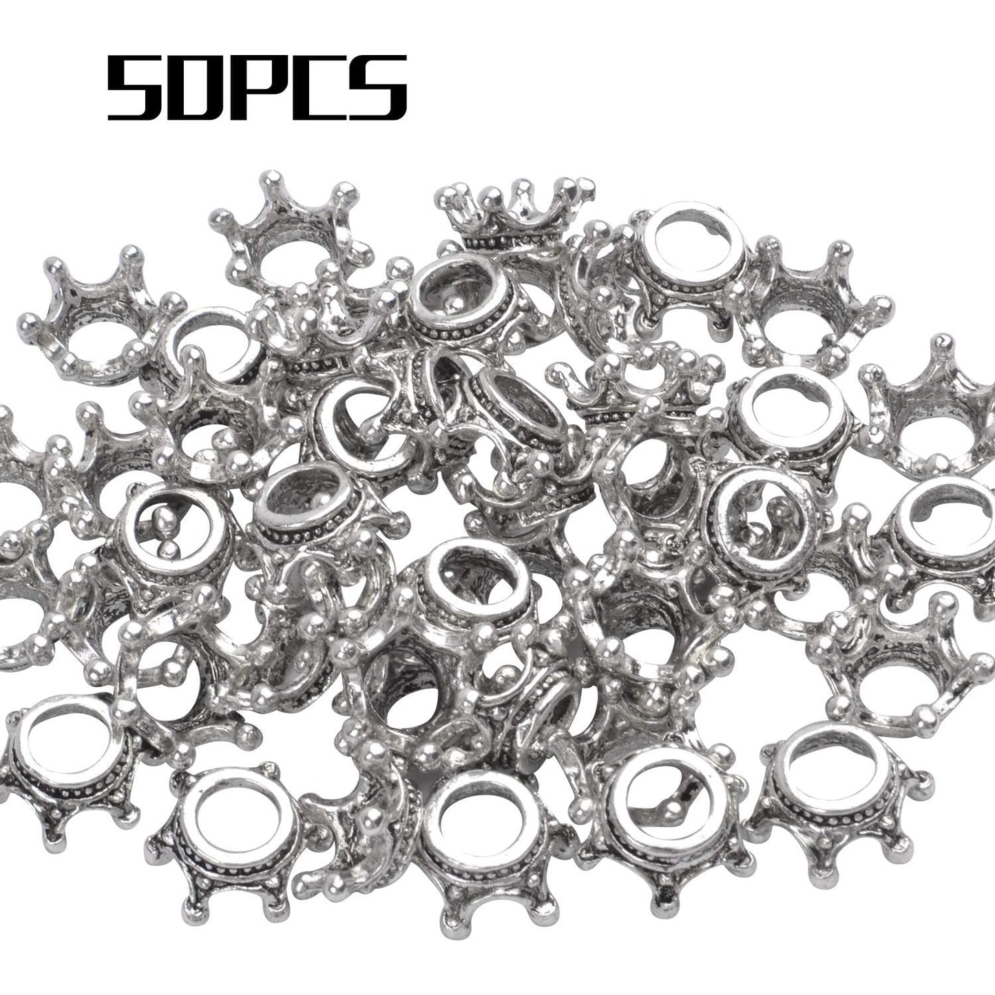 Crown Beads,50pcs Antique Silver Crown Spacer Beads King & Queen Crown Loose Beads with 6mm Hole for Bracelet Necklace Jewelry Making and Crafting