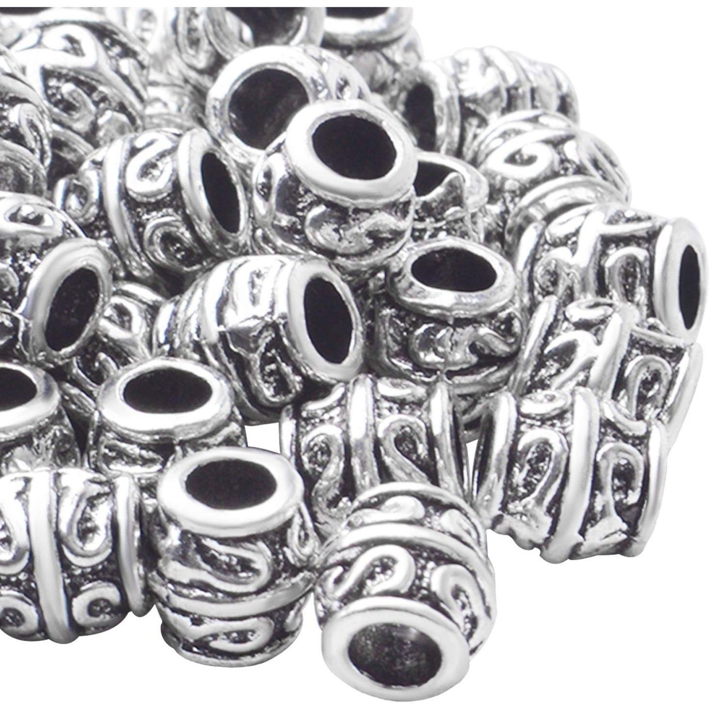 50pcs Antique Silver Large Hole Spacer Beads, Barrel Shape, 7.3*7.5*4mm