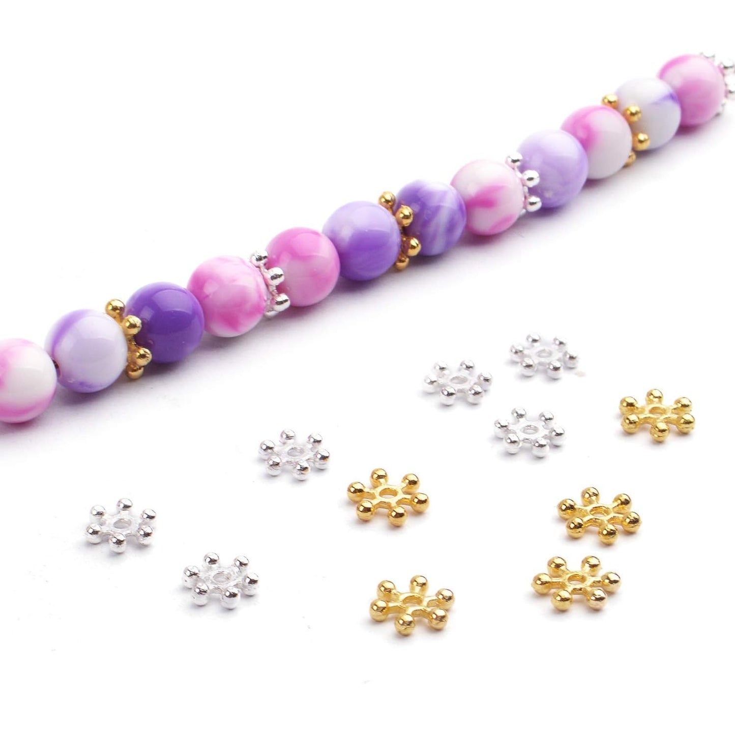 400pcs Snowflake Spacer Beads Flat Metal Spacers for Bracelet Necklace Jewelry Making, 6mm/8mm Diameter,Bright Silver & Bright Gold