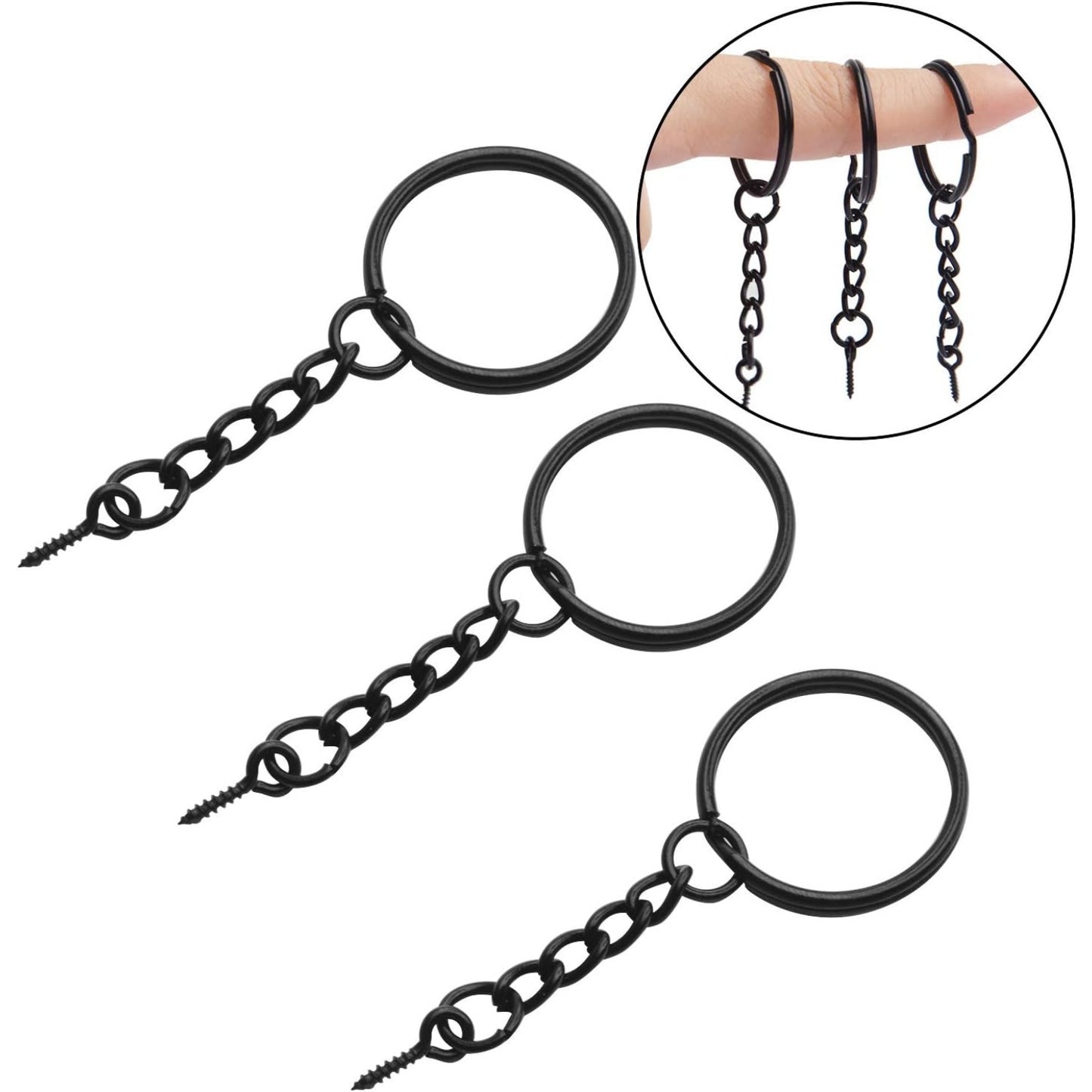 BronaGrand 50pcs 25mm Split Key Ring with Extend Chain and 12mm Screw Eye Pin for Craft Charm Making,Black