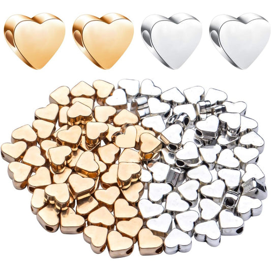 100 Pieces Heart Shape Beads European Heart Spacers Loose Beads Jewelry Heart Charms for DIY Jewelry Necklace Earring Bracelet Handmade Crafts Supplies (Gold, Silver)