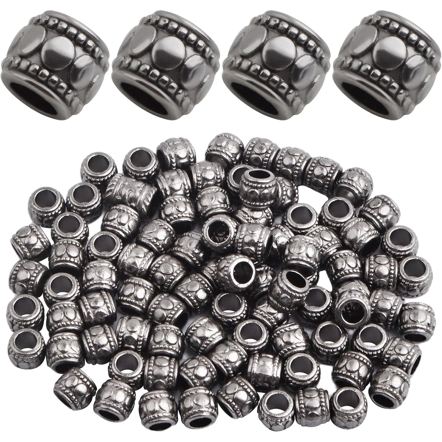 100pcs Large Hole Round Spacer Beads Alloy Column Tube Loose Beads Metal Decorative Bead Charms Handmade Accessories for DIY European Bracelet Jewelry Making Supplies, Gun Black