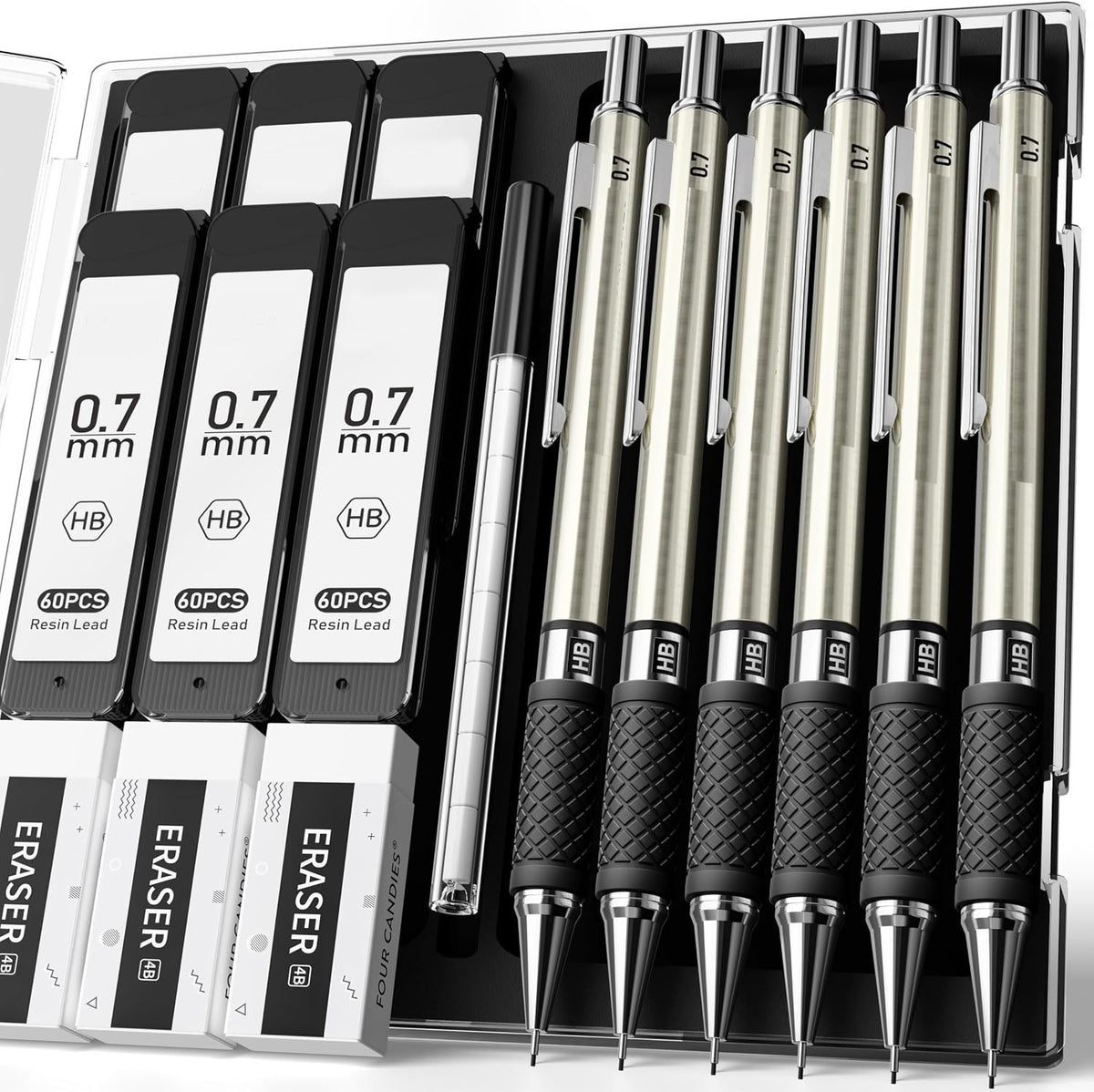 HENDEVL  6PCS Metal Mechanical Pencil Set with 0.7mm Medium Point, 360 Leads, 12 Erasers, Art Mechanical Pencils Pack with Storage Case for School Writing, Sketching, Drawing & Professional Drafting
