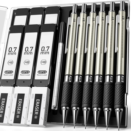 HENDEVL  6PCS Metal Mechanical Pencil Set with 0.7mm Medium Point, 360 Leads, 12 Erasers, Art Mechanical Pencils Pack with Storage Case for School Writing, Sketching, Drawing & Professional Drafting