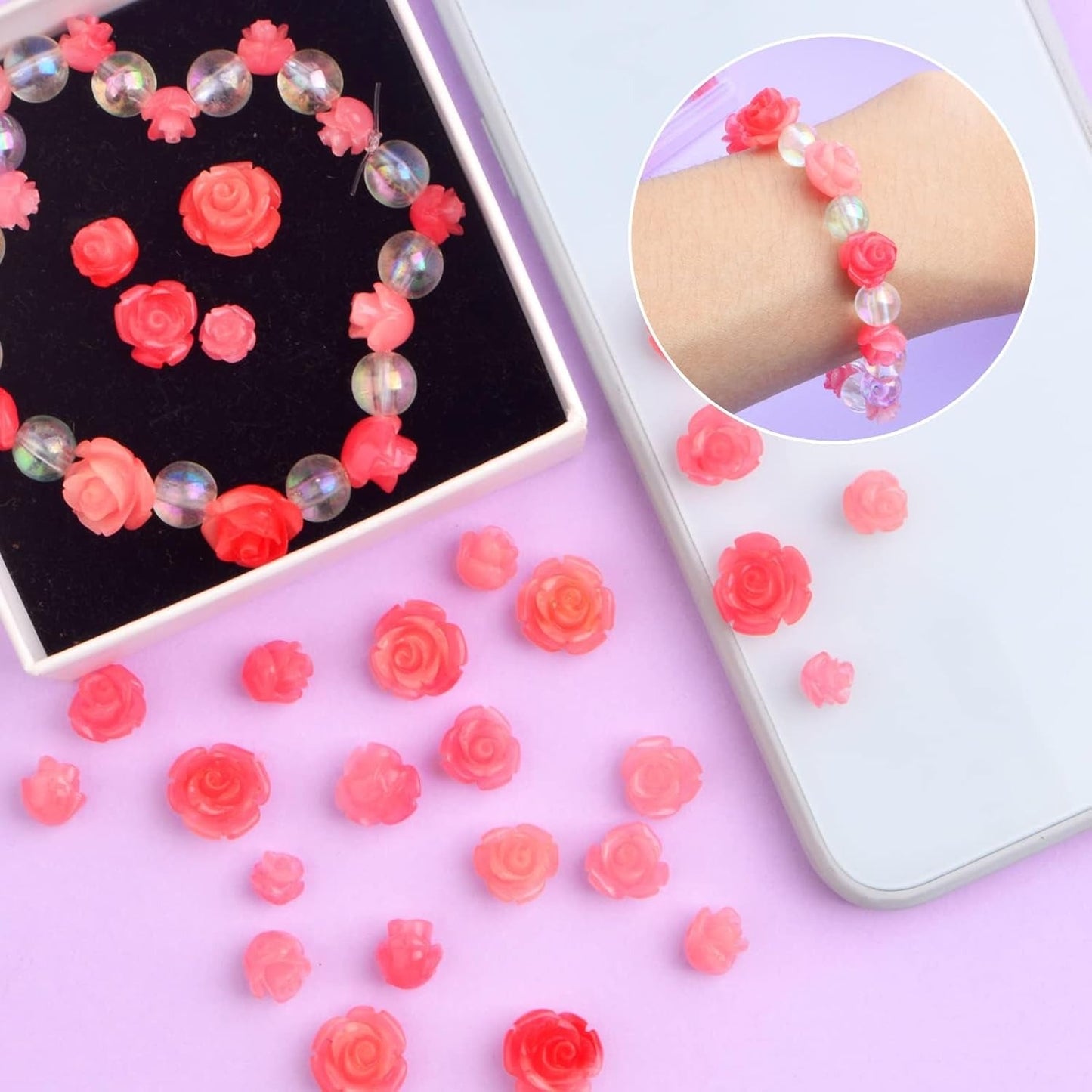 40pcs Shell Carved Rose Flower Beads Pink Rose Spacer Beads Flower Loose Beads Embellishments with a Box for DIY Crafts Scrapbooking Jewelry Making,4 Sizes