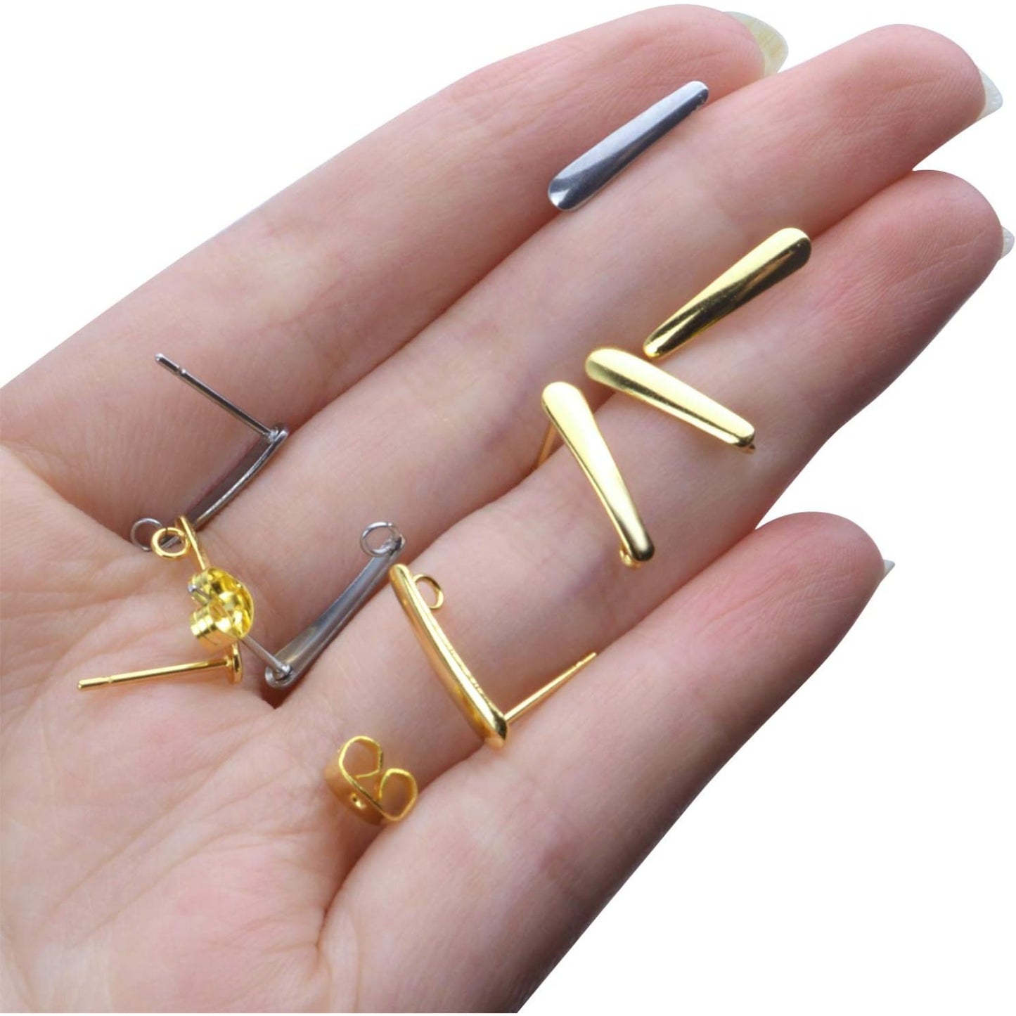 20pcs Stainless Steel Earring Hooks Findings Ear Piercing Studs Earring Bars with Loop and 20pcs Soft Earring Backs for Jewelry Making,Gold and Silver