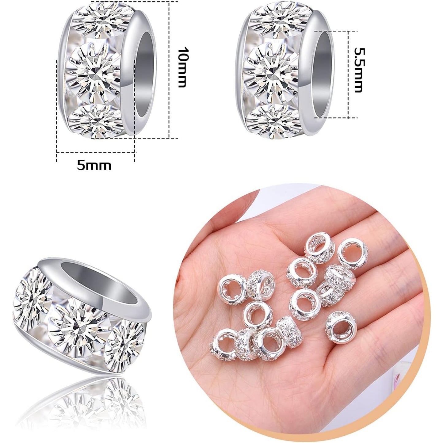 40pcs 10 mm Silver European Rhinestone Spacer Beads Brass Large Hole Beads Round Rondelle Loose Charm Beads for Snake Chain Bracelet Necklace Jewelry Making Supplies, Hole: 5.5 mm