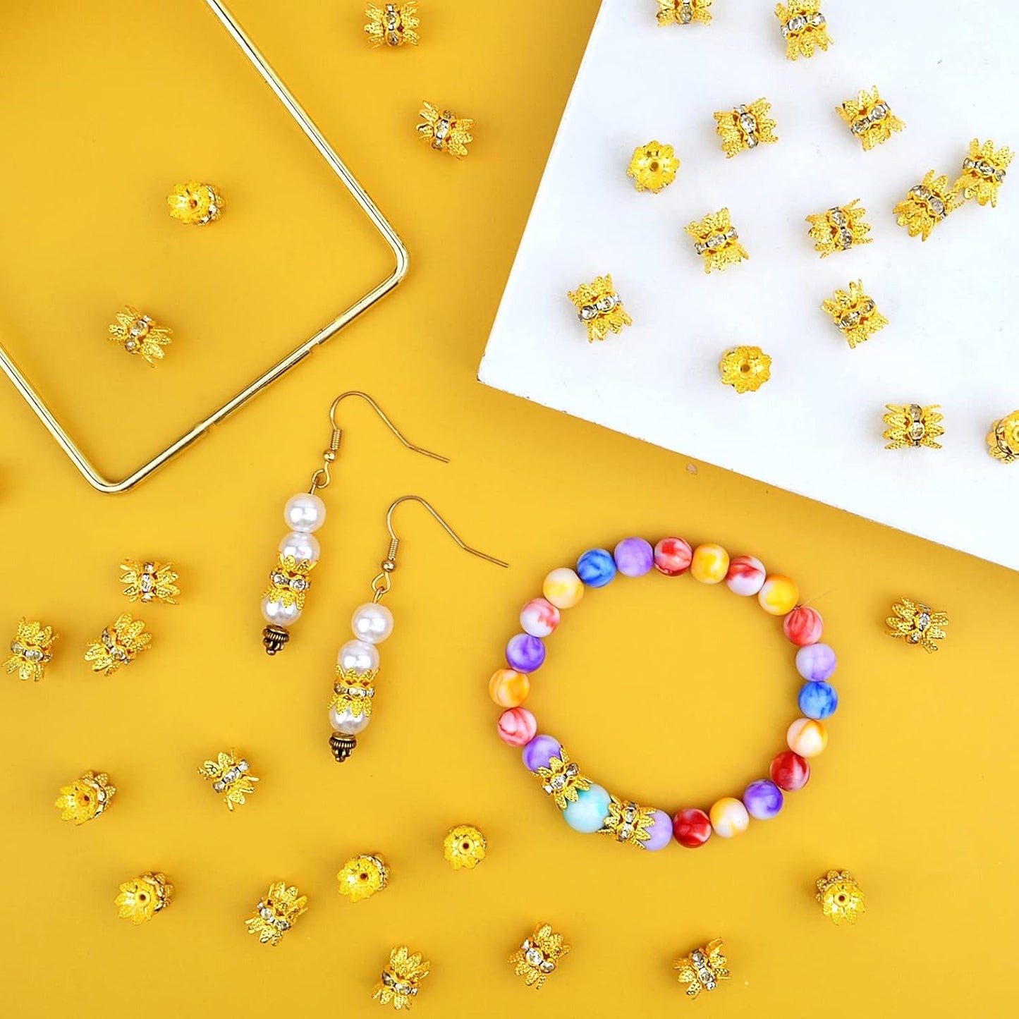 60PCS Double Flower Beads Caps with Rhinestone Petal Brass Bead Spacer Flower Caps Jewelry Making Accessories for Bracelet Necklace Earring