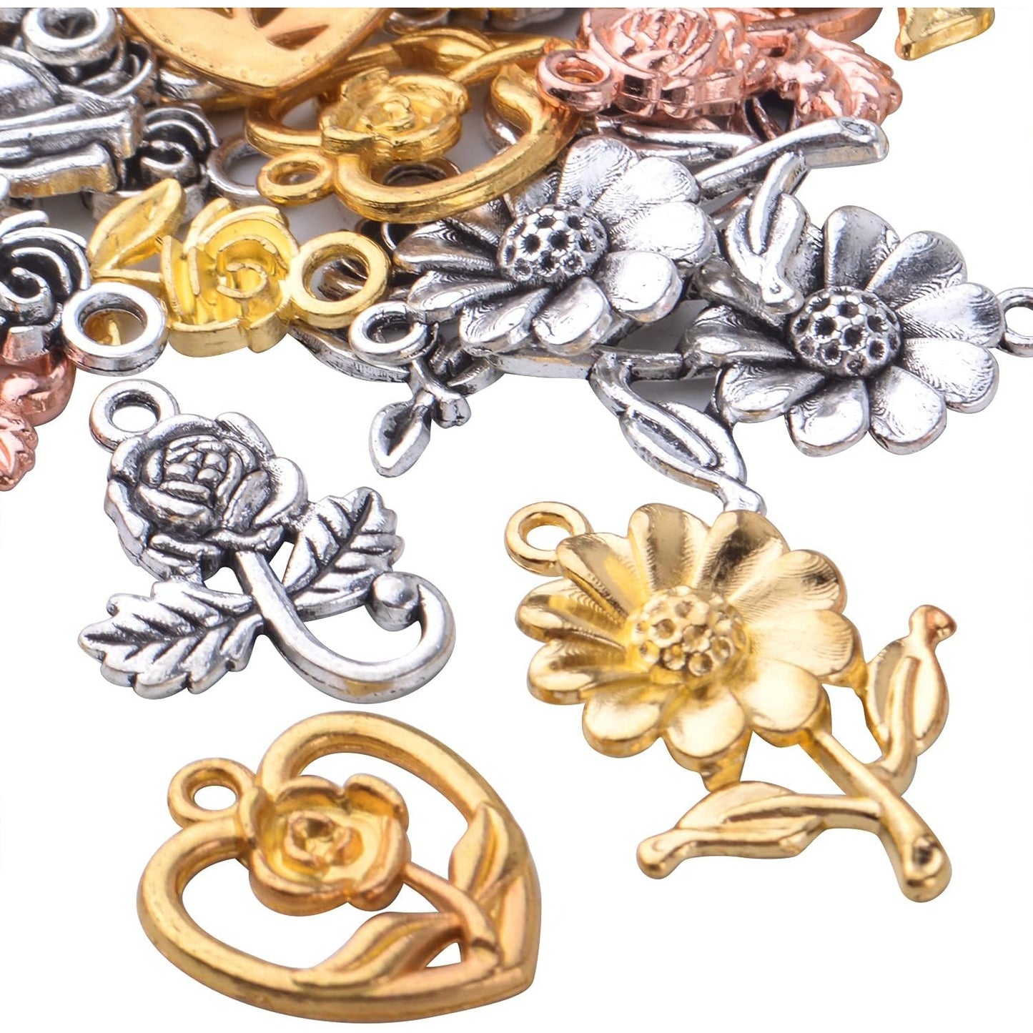 50pcs Flower Charms Pendants Alloy Sunflower Charms Rose Pendants Flower Bead Charm Craft Supplies for DIY Earrings Necklace Bracelet Jewelry Making Accessories, 5 Styles