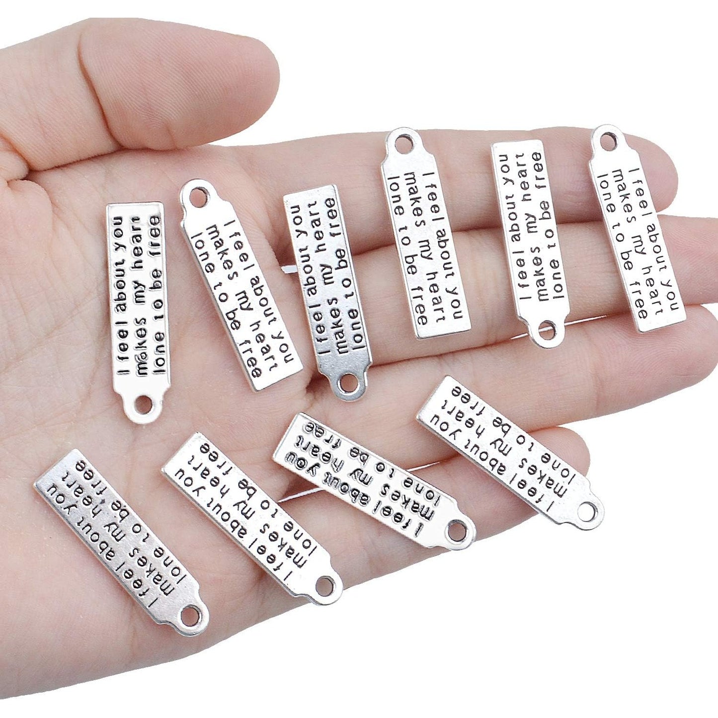 Word Charms Collection,30pcs Antique Silver Message Pendants Inspirational Lettering charms for Jewelry Making Decoration Crafting,30 x 8mm (i feel about you makes my heart lone to be free)