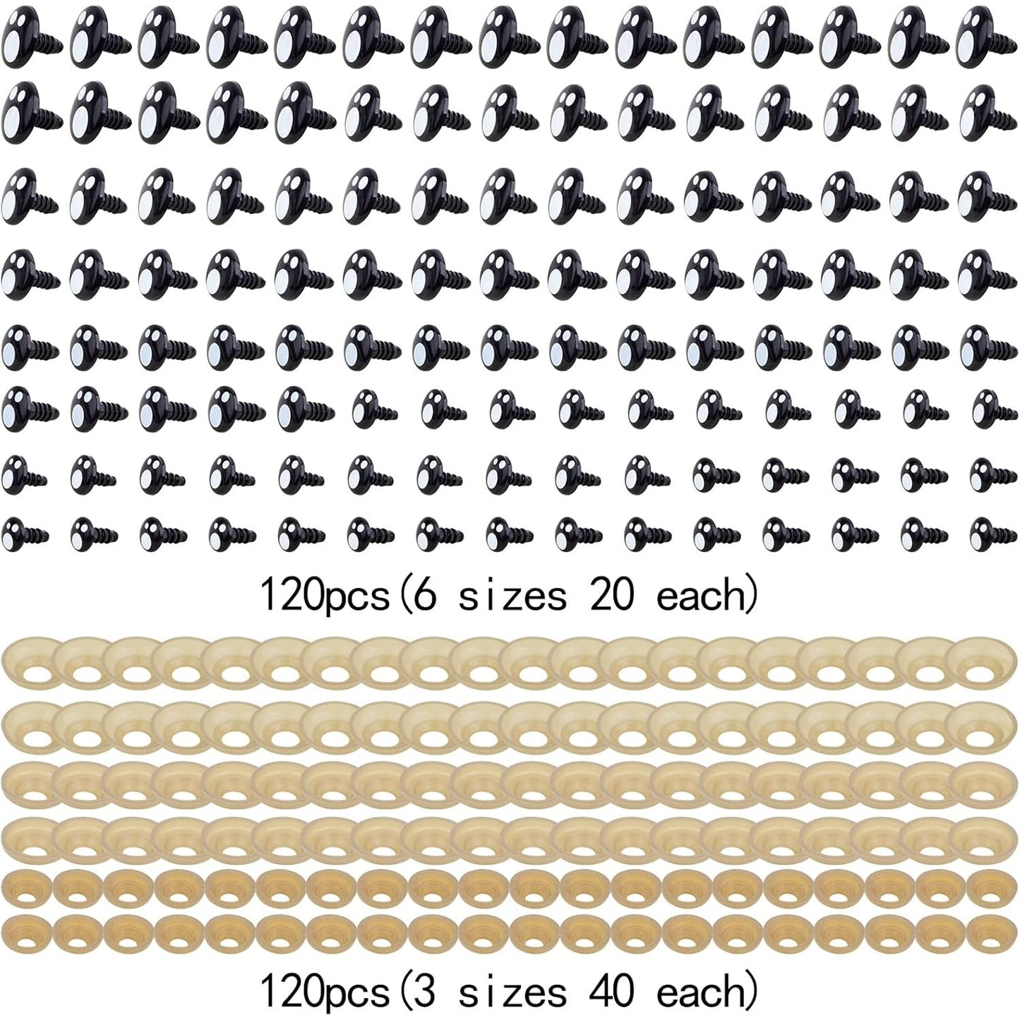 120pcs 6 Sizes Plastic Doll Eyes Black Stuffed Toy Crochet Eyes Kawaii Safety Eyes Resin Craft Eyes with 120pcs Washers for Teddy Bear Amigurumi Craft Puppet Plush Animal Making