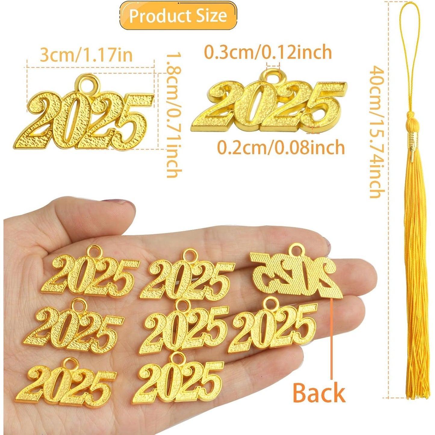 10pcs Yellow Graduation Tassels Grad Cap Decors with 10pcs Golden 2025 Year Charm Pendants for 2025 Graduates Graduation Hats Ceremonies Parties Decorations Souvenirs