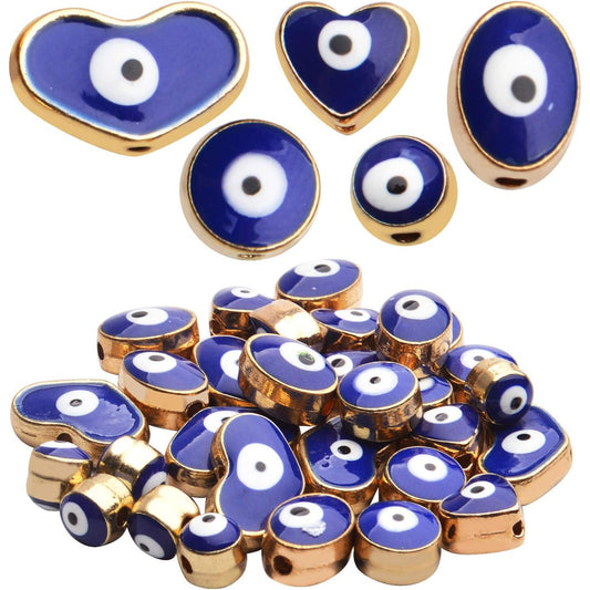 Blue Evil Eye Beads,30pcs Alloy Evil Eye Spacer Beads Round Heart Oval Evil Eye Beads Charms Gold Plated Evil Eye Beads Bulk for DIY Bracelet Necklace Crafts Jewelry,1-6mm Diameter