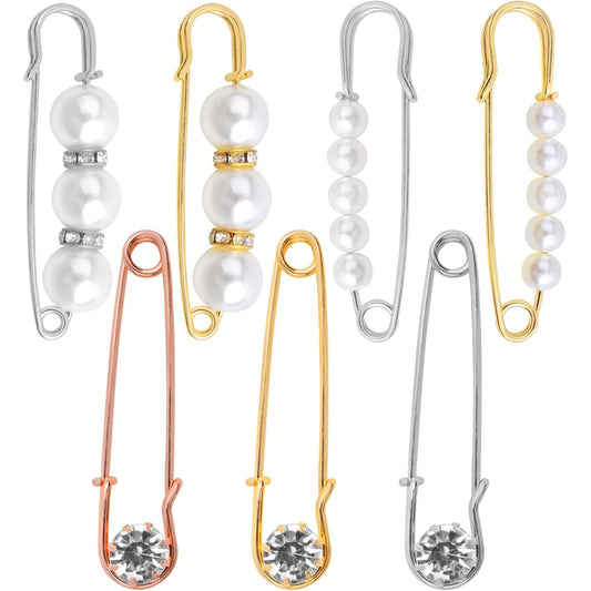 7 Pieces 3 Styles Pearl Brooch Pins Sweater Shawl Clips Faux Pearl Rhinestones Collar Safety Pins for Women Girls Clothing Dresses Decoration Accessories, 3 Colors