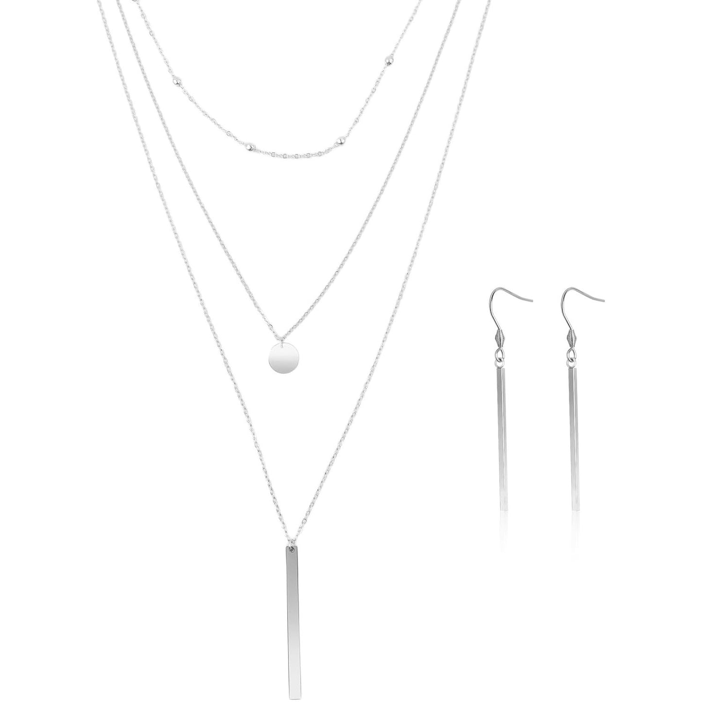 1 Set Stainless Steel Triple Layered Necklace Bead Chain Collars Long Necklace Chokers Coin Long Bar Pendant Necklaces Collars and 1 Pair Bar Pendant Earrings for Women Gift