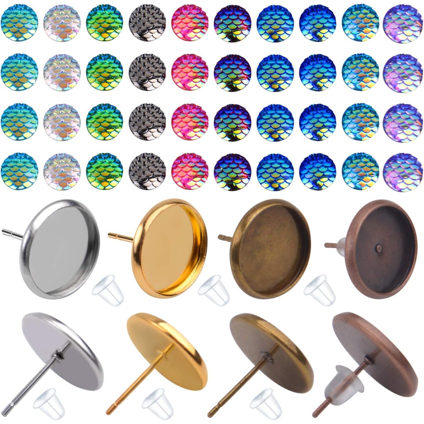 Cabochon Earring Setting, 24 Pieces Stainless Steel Bezel Stud Blanks and and 100 Pieces Fish Scale Glass Cabochons 24 Pieces Bullet Earring Backs for Earring Making