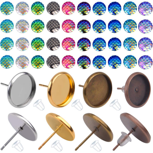 Cabochon Earring Setting, 24 Pieces Stainless Steel Bezel Stud Blanks and and 100 Pieces Fish Scale Glass Cabochons 24 Pieces Bullet Earring Backs for Earring Making
