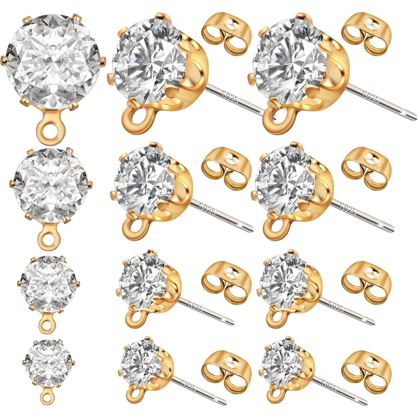 40 Pieces Cubic Zirconia Earring Posts with Loop Golden Rhinestone Earring Studs and 40 Pieces Butterfly Earring Safety Backs for DIY Jewelry Making, 4 Sizes