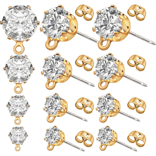 40 Pieces Cubic Zirconia Earring Posts with Loop Golden Rhinestone Earring Studs and 40 Pieces Butterfly Earring Safety Backs for DIY Jewelry Making, 4 Sizes