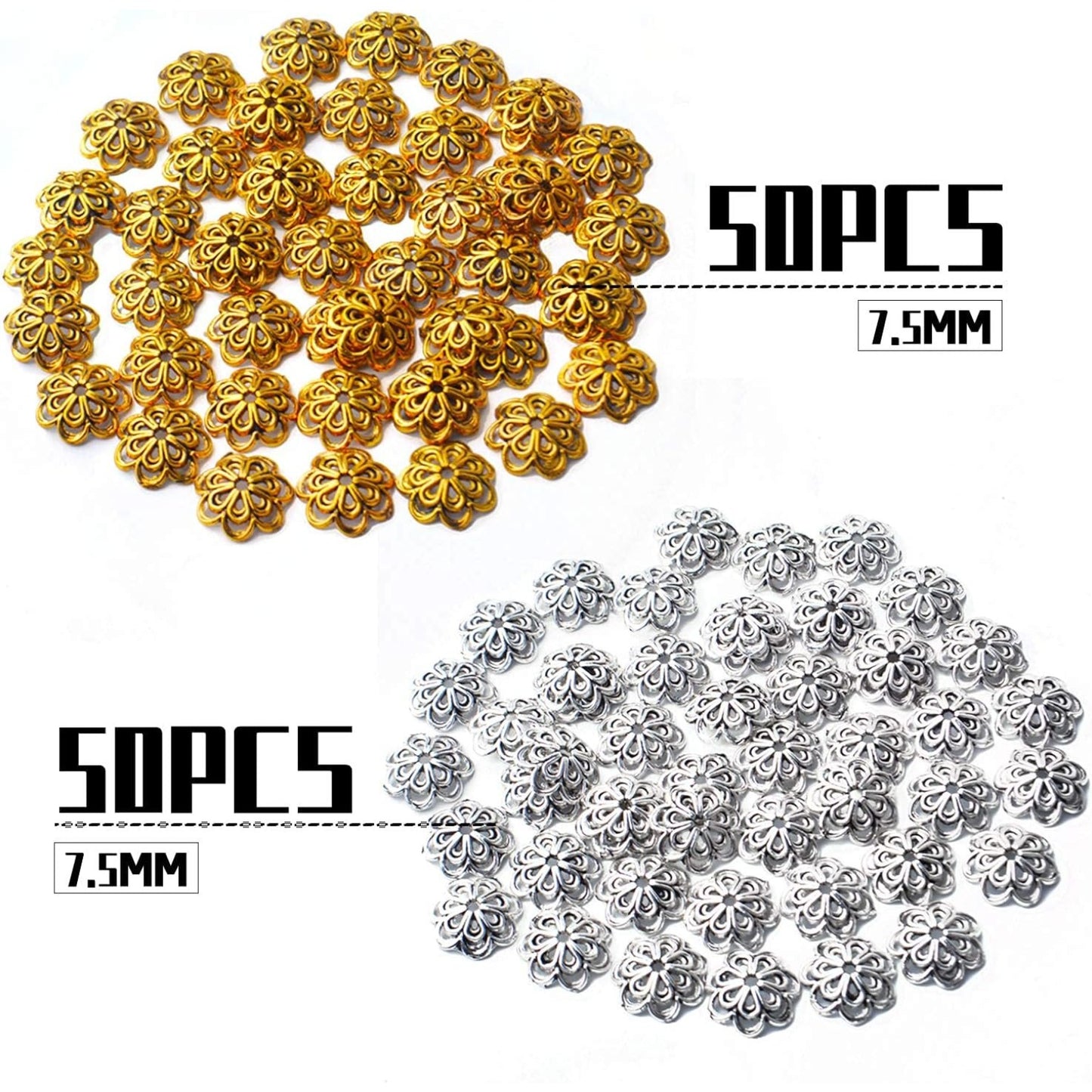 100pcs Flower Shape Alloy Filigree Hollow Bead End Caps, Jewelry Spacers Caps for Bracelet, Earrings, Crafts Making Supplies