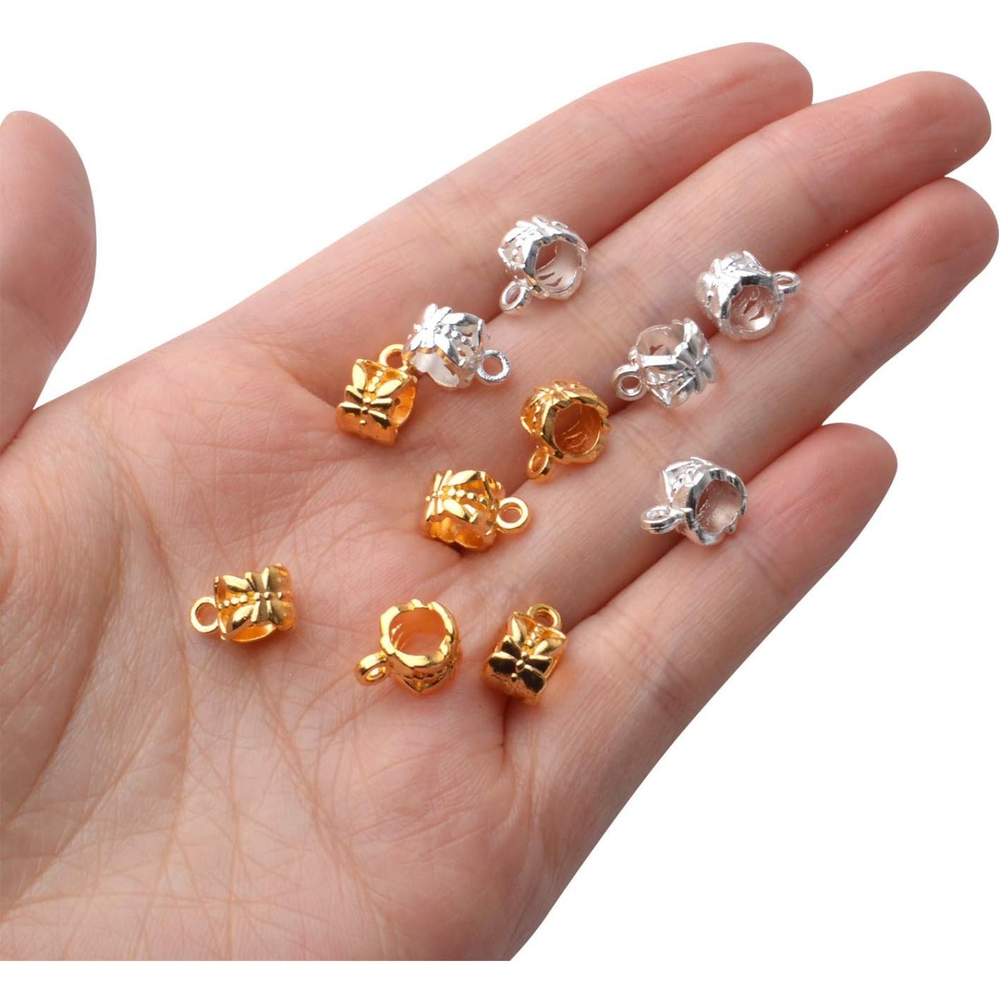 100pcs Bail Beads Alloy European Style Bail Beads with Charm Loop Connector Spacer Beads Jewelry Tube Bails Beads for DIY Bracelet Necklace Jewelry Crafts Making Supplies