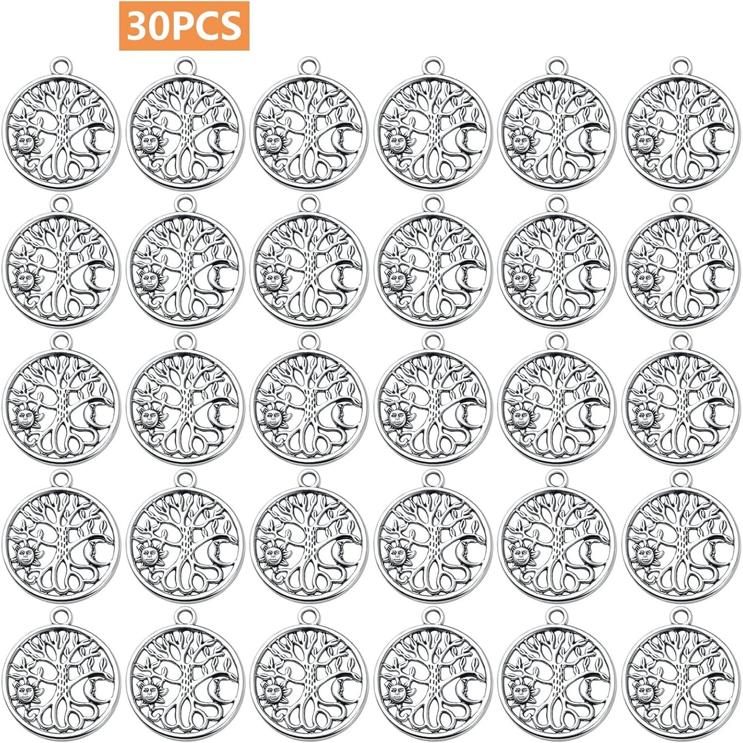 30pcs Antique Silver Tree of Life Charms Pendants with Sun Moon Tibetan Alloy Hollow Round Tree Vintage Charms Jewelry Making Accessory for DIY Necklaces Bracelets