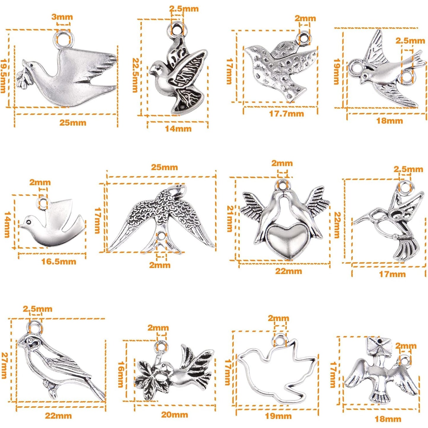 60pcs 12 Styles Bird Charms Tibetan Alloy Swallow Hummingbird Pendants Vintage Animal Charms with a Box for DIY Bracelet Necklace Jewelry Making, Antique Silver